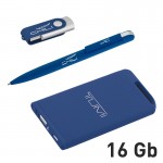 Набор ручка + флеш-карта 16Гб + зарядное устройство 4000 mAh в футляре, покрытие soft touch, темно-синий