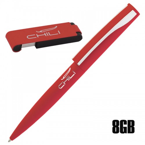 Набор ручка + флеш-карта 8 Гб в футляре, покрытие soft touch, красный с серебристым