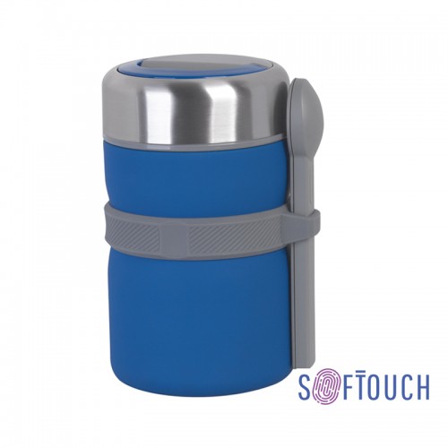 Термос с контейнерами и приборами для ланча, покрытие soft touch, черный, синий