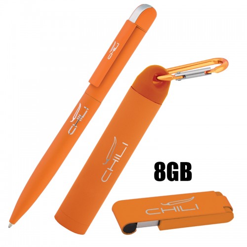 Набор ручка + флеш-карта 8Гб + зарядное устройство 2800 mAh в футляре, красный, покрытие soft touch#, оранжевый