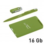 Набор ручка + флеш-карта 16Гб + зарядное устройство 4000 mAh в футляре покрытие soft touch, зеленое яблоко