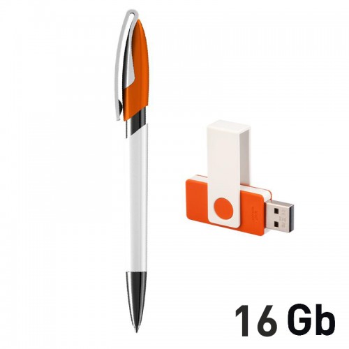 Набор ручка + флеш-карта 16Гб в футляре, белый с оранжевым