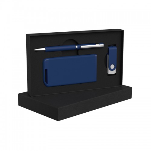Набор ручка + флеш-карта 8Гб + зарядное устройство 4000 mAh в футляре, soft touch, темно-синий