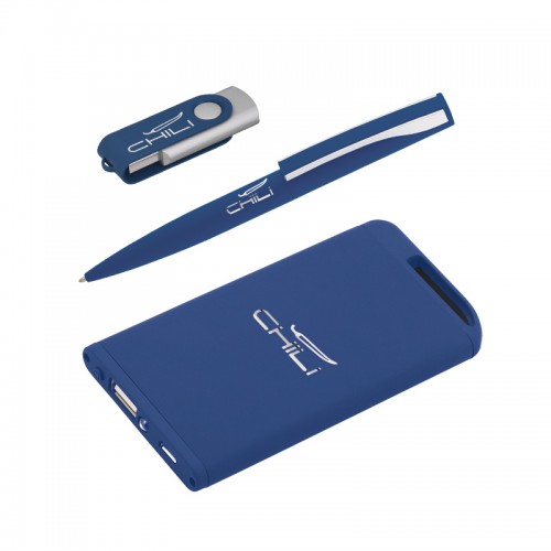 Набор ручка + флеш-карта 8Гб + зарядное устройство 4000 mAh, soft touch, темно-синий с серебристым