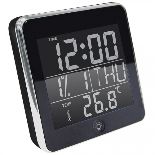 Часы 'NEO' с будильником, календарем, подсветкой и термометром, черный