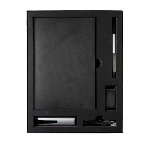 Набор  TWIZZY TOWER: универсальное зарядное устройство (2200мАh), блокнот, USB flash-карта и ручка в подарочной упаковке, черный, серебристый