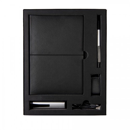 Набор  BLACKY TOWER: универсальное зарядное устройство (2200мАh), блокнот, USB flash-карта и ручка в подарочной коробке, черный, серебристый