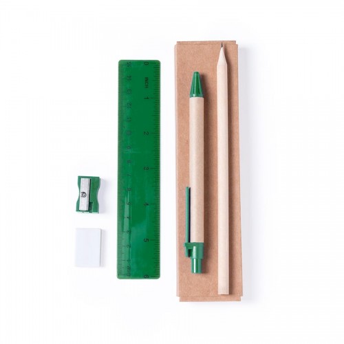 Набор GABON из 5 предметов в картонной коробке зеленый - ручка,карандаш,точилка,ластик, линейка, зеленый, бежевый