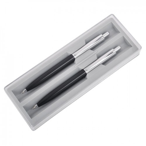 BUSINESS SET, набор: ручка шариковая и карандаш механический в футляре, черный, серебристый