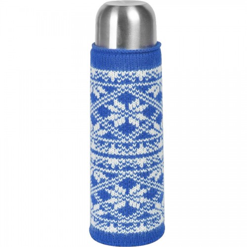 Чехол вязаный на бутылку/термос 'Зимний орнамент', синий