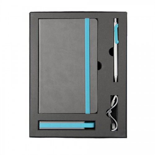 Набор  FANCY: универсальное зарядное устройство(2200мAh), блокнот и ручка в подарочной коробке, серый, голубой