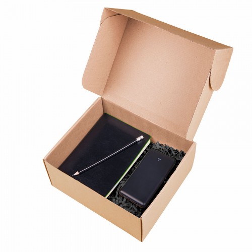 Подарочный набор TOTAL: бизнес-блокнот, карандаш, зарядное устройство, коробка, стружка, черный, зеленый
