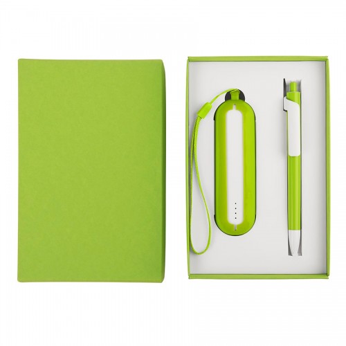 Набор SEASHELL-1: универсальное зарядное устройство (2000 mAh) и ручка в подарочной коробке, светло-зеленый, белый