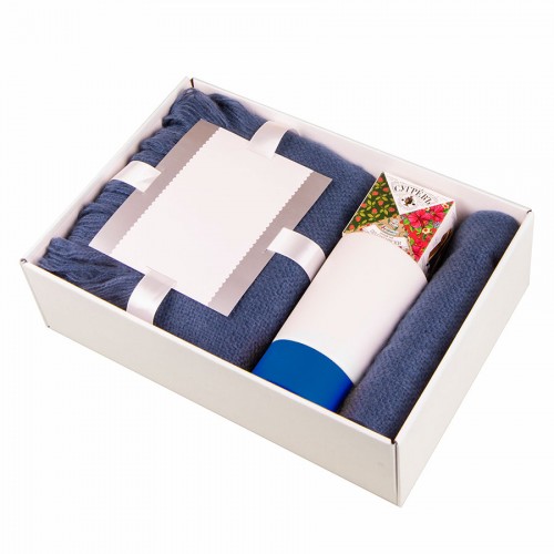 Подарочный набор WARM JOURNEY: коробка, плед, кружка, чай по-сибирски., белый, синий