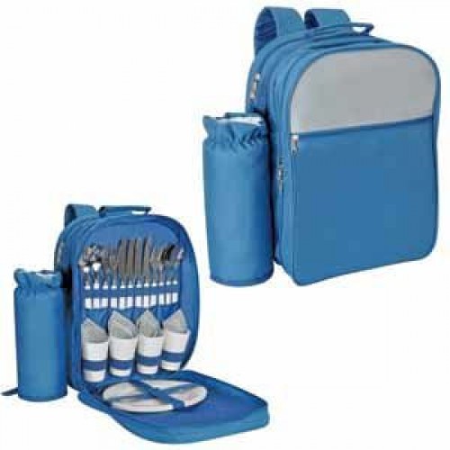 Набор для пикника на 4 персоны в рюкзаке 'Пилигрим': термоотсек, отделение для бутылки, столовые приборы, тарелки, стаканы и салфетки, голубой, серый