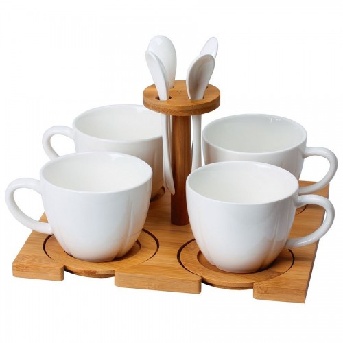Набор 'Ксю':чайная пара (4шт) и чайная ложка (4шт) с подставкой в подарочной упаковке, коричневый, белый