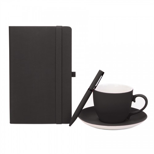 Подарочный набор T-TIME: бизнес-блокнот, чайная пара, ручка шариковая, коробка и стружка, черный, чёрный