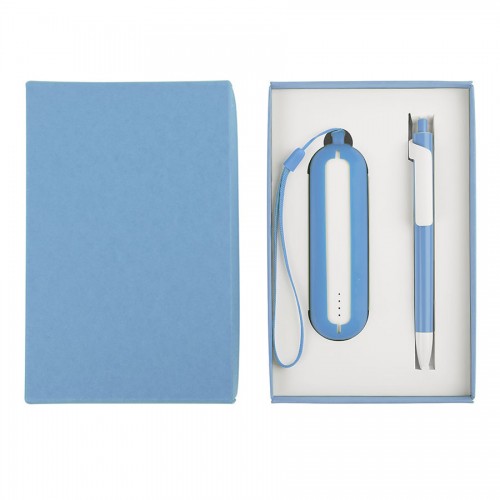 Набор SEASHELL-1: универсальное зарядное устройство (2000 mAh) и ручка в подарочной коробке, голубой, белый