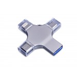 USB-флешка на 128 Гб 4 в 1 поворотный механизм, c дополнительными разъемами MicroUSB, TypeC и Lightning, серебристый