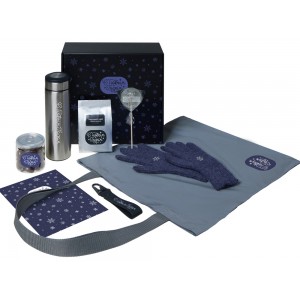 Подарочный набор с перчатками, термосом и чаем, темно-синий