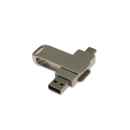 USB-флешка на 128 Гб поворотный механизм 2 в 1, c дополнительным разъемом Type-C с одноцветным металлическим клипом, серый