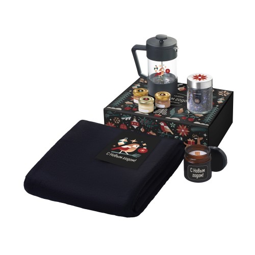Подарочный набор c пледом, френчпрессом, чаем и медом, черный