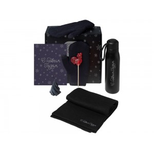 Подарочный набор с варежками, шарфом и термосом, черный