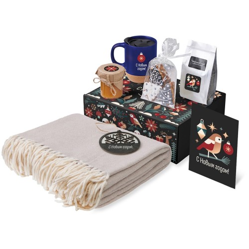 Подарочный набор c пледом, кружкой и вареньем, синий