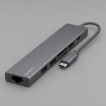 USB Type-C хаб 7-в-1, HDMI, Power Delivery, 2xUSB 3.0, RJ45, microSD/SD, графит, Deppa