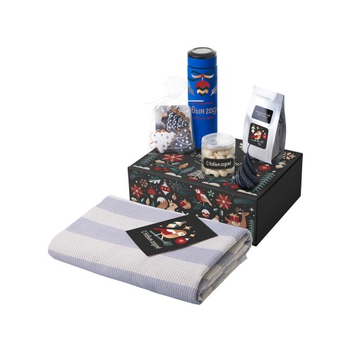 Подарочный набор c пледом, термосом, свечой и миндалем, синий