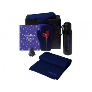 Подарочный набор с варежками, шарфом и термосом, темно-синий