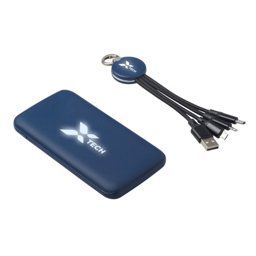 Набор из внешнего акуумулятора и универсального кабеля с подсветкой лого Reserve LED, 10000mAh, темно-синий