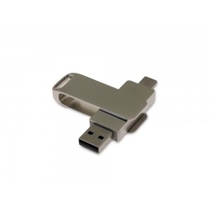 USB 3.0- флешка на 16 Гб поворотный механизм 2 в 1, c дополнительным разъемом Type-C с одноцветным металлическим клипом, серый