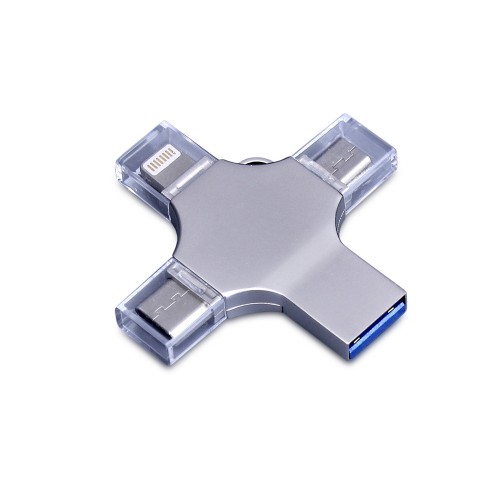 USB-флешка на 256 Гб 4 в 1 поворотный механизм, c дополнительными разъемами MicroUSB, TypeC и Lightning, серебристый