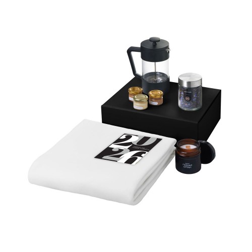 Подарочный набор c пледом, френчпрессом, чаем и медом, белый