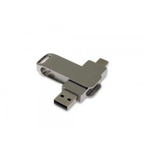 USB 2.0- флешка на 32 Гб поворотный механизм 2 в 1, c дополнительным разъемом Type-C с одноцветным металлическим клипом, серебристый