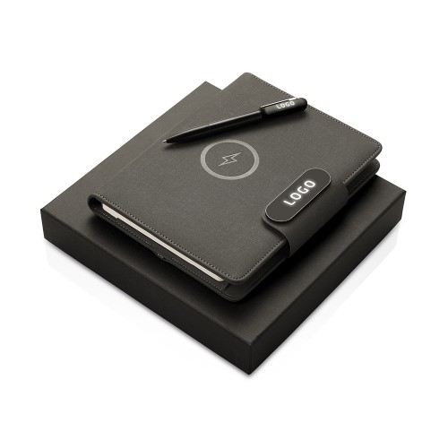 Подарочный набор металлическая ручка и блокнот А5 Twilight  со светящимся логотипом и пауэрбэнком