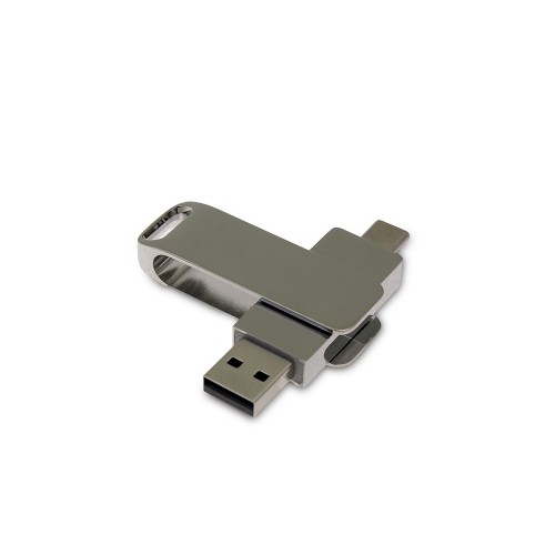 USB-флешка на 16 Гб поворотный механизм 2 в 1, c дополнительным разъемом Type-C с одноцветным металлическим клипом, серебристый