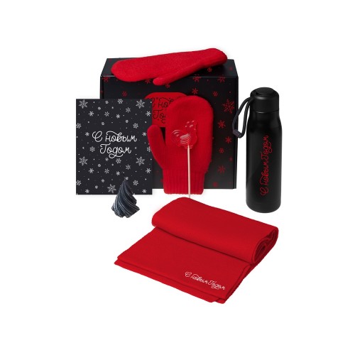 Подарочный набор с варежками, шарфом и термосом,красный