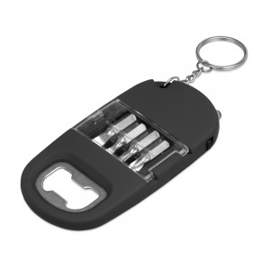 Брелок-открывалка с отвертками и фонариком Uni, софт-тач, черный (Р)