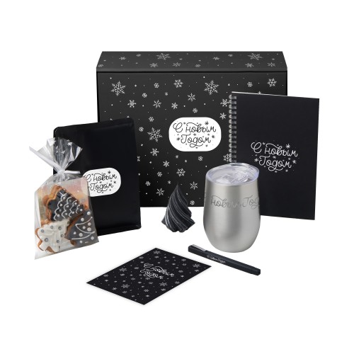 Подарочный набор c термокружкой, блокнотом, ручкой и свечкой, серебристый